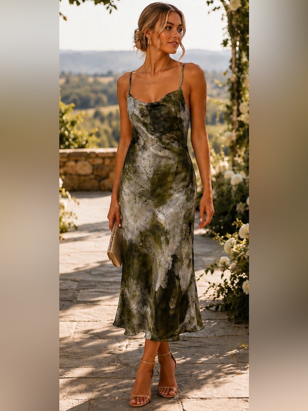 Grade & Gather M Olive Gray Abstract Cowl Neck Maxi Slip Dress Whimsigoth